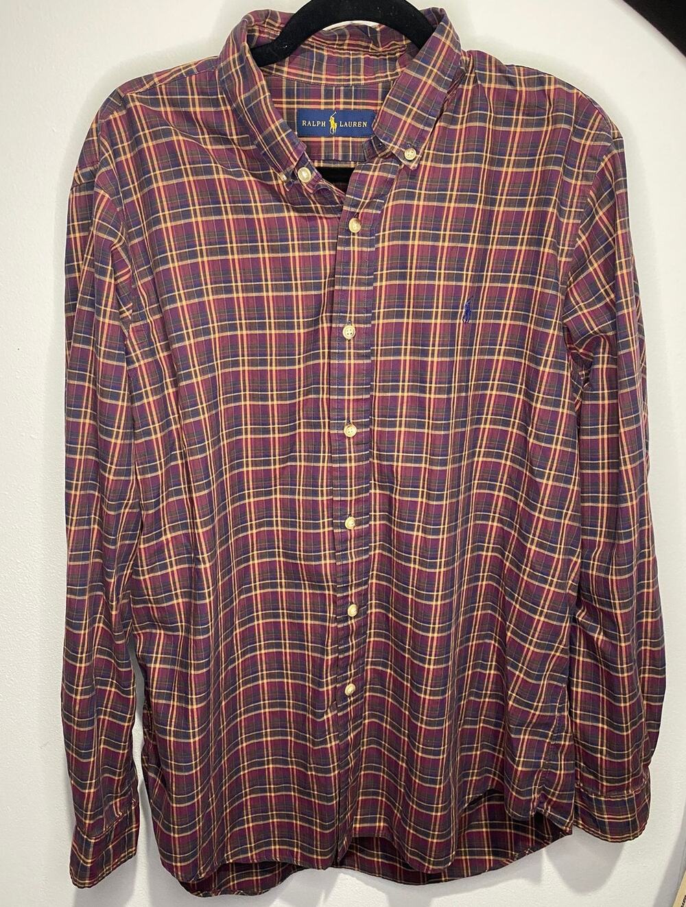Ralph Lauren LS Button Down Men's L Burgundy Plaid Cotton Classic Preppy GUC - Picture 1 of 9